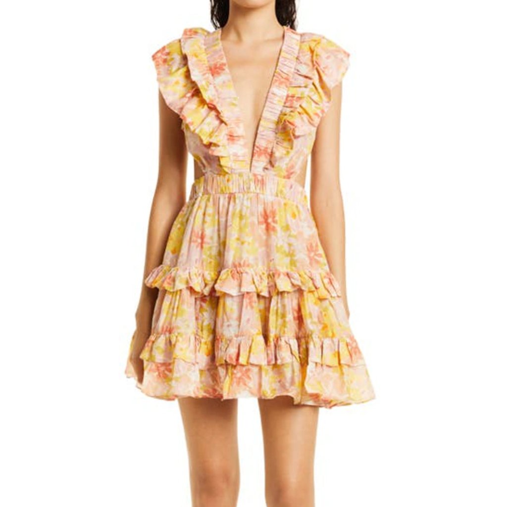 Magali Pascal Botanic Floral Plunge Neck Open Back Cotton & Silk Minidress